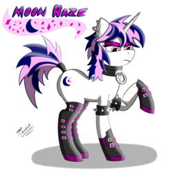 Size: 2200x2200 | Tagged: safe, artist:lyruzlavh, oc, oc only, oc:moon haze, pony, unicorn, boots, bracelet, buckle, collar, eyelashes, eyeshadow, goth, goth pony, gothic, high res, jewelry, looking down, makeup, name, piercing, shoes, simple background, solo, tail wrap, white background