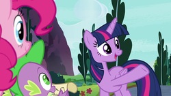 Size: 1920x1080 | Tagged: safe, screencap, pinkie pie, spike, twilight sparkle, alicorn, pony, between dark and dawn, g4, scroll, twilight sparkle (alicorn)