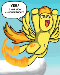 Size: 2400x3000 | Tagged: safe, artist:saburodaimando, spitfire, pegasus, pony, g4, belly button, female, fire, fire trail, flying, high res, newbie artist training grounds, solo, spitfiery
