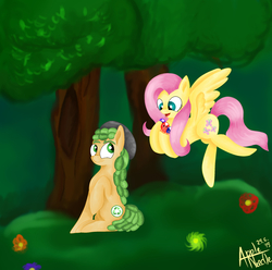 Size: 2547x2570 | Tagged: safe, artist:appleneedle, fluttershy, sandalwood, pony, g4, equestria girls ponified, female, high res, male, ponified, sandalshy, sandalwood's cutie mark, shipping, straight, tree