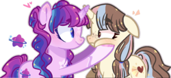 Size: 1280x582 | Tagged: safe, artist:jxst-alexa, oc, oc only, oc:athena, oc:loveless spells, pony, unicorn, blushing, eye contact, female, freckles, heart, horn, horn freckles, looking at each other, mare, squishy cheeks