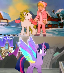 Size: 750x850 | Tagged: safe, edit, edited screencap, editor:korora, screencap, megan williams, surprise, twilight sparkle, alicorn, pony, baby it's cold outside, g1, g4, my little pony 'n friends, my little pony: rainbow roadtrip, adoraprise, clothes, coat, colored wings, comparison, cropped, cute, farmhouse, hope hollow, multicolored wings, parka, rainbow wings, snow, text, tree, twiabetes, twilight sparkle (alicorn), well, wing bling, wing warmers, wings