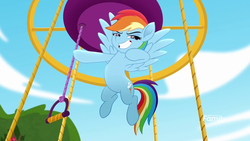 Size: 1280x720 | Tagged: safe, screencap, rainbow dash, pony, g4, rainbow roadtrip, cool, female, flying, grin, hot air balloon, mare, pose, smiling, smug, solo, spread wings, wings