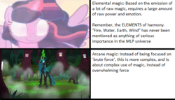 Size: 611x350 | Tagged: safe, edit, edited screencap, screencap, queen chrysalis, twilight sparkle, alicorn, changeling, changeling queen, pony, g4, rainbow roadtrip, the beginning of the end, the mean 6, arcane magic, elemental magic, female, forest, runes, text, theory, twilight sparkle (alicorn)