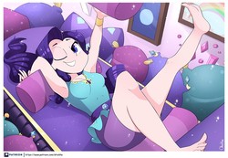 Size: 960x666 | Tagged: safe, artist:ohiekhe, rarity, human, camping must-haves, equestria girls, g4, my little pony equestria girls: better together, armpits, barefoot, belt, breasts, cleavage, clothes, cute, dress, feet, female, humanized, jewelry, legs, miniskirt, moe, necklace, one eye closed, raribetes, rarity's bedroom, scene interpretation, skirt, soles, solo, wink