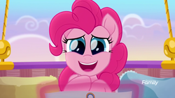 Size: 1280x720 | Tagged: safe, screencap, pinkie pie, earth pony, pony, g4, my little pony: rainbow roadtrip, beautiful, cloud, cute, diapinkes, eye shimmer, female, happy, hot air balloon, mare, smiling, solo, talking