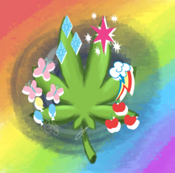 Size: 843x834 | Tagged: safe, artist:kaywhitt, applejack, fluttershy, pinkie pie, rainbow dash, rarity, twilight sparkle, g4, 4/20 ponies, cutie mark, drugs, icon, mane six, marijuana, marijuana leaf, no pony, tumblr:ask the stoner ponies