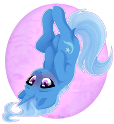 Size: 2425x2630 | Tagged: safe, artist:nika-rain, trixie, pony, unicorn, g4, abstract background, blushing, circle background, cute, diatrixes, dock, female, high res, hooves to the chest, mare, on back, solo, upside down, ych result