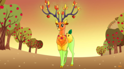 Size: 1192x663 | Tagged: safe, artist:bella-pink-savage, the great seedling, deer, dryad, elk, g4, going to seed, apple, apple tree, beautiful, branches for antlers, cute, female, flower, food, solo, tree