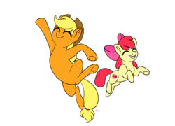 Size: 945x679 | Tagged: safe, artist:bella-pink-savage, apple bloom, applejack, earth pony, pony, g4, going to seed, duo, eyes closed, female, filly, mare, midair, scene interpretation, siblings, simple background, sisters, smiling, transparent background, underhoof, yeah pose