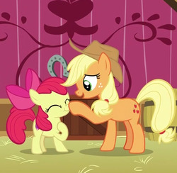Size: 675x658 | Tagged: safe, screencap, apple bloom, applejack, pony, g4, going to seed, adorabloom, boop, cropped, cute, duo, eyes closed, female, filly, horseshoes, jackabetes, open mouth, profile, scrunchy face, sweet apple acres
