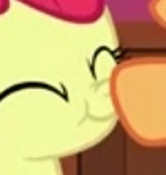 Size: 287x301 | Tagged: safe, screencap, apple bloom, applejack, pony, g4, going to seed, adorabloom, boop, close-up, cropped, cute, eyes closed, offscreen character, scrunchy face, solo focus