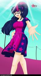 Size: 1073x2000 | Tagged: safe, alternate version, artist:clouddg, sci-twi, twilight sparkle, equestria girls, equestria girls specials, g4, my little pony equestria girls: better together, my little pony equestria girls: spring breakdown, clothes, crepuscular rays, dress, female, glasses, human coloration, multiple variants, open mouth, signature, solo