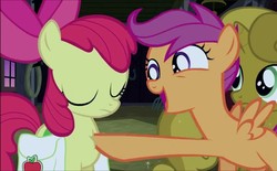 Size: 1162x720 | Tagged: safe, screencap, apple bloom, scootaloo, sweetie belle, earth pony, pegasus, pony, unicorn, g4, one bad apple, bag, bow, cute, cutie mark crusaders, eyes closed, female, gold, happy, open mouth, saddle bag, trio, trio female