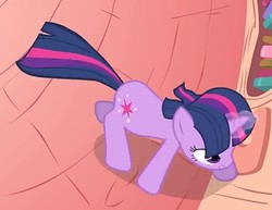Size: 650x502 | Tagged: safe, screencap, twilight sparkle, pony, unicorn, g4, look before you sleep, season 1, book, cropped, cute, female, glowing horn, golden oaks library, horn, magic, mare, overhead view, solo, unicorn twilight