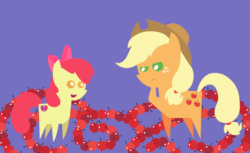 Size: 648x397 | Tagged: safe, artist:agrol, apple bloom, applejack, big macintosh, the great seedling, earth pony, pony, g4, going to seed, season 9, animated, apple, arabesque pattern, cowboy hat, duo, female, filly, food, hat, implied big macintosh, lineless, male, mare, no pupils, open mouth, pointy ponies, purple background, scene interpretation, siblings, silhouette, simple background, stallion, trio