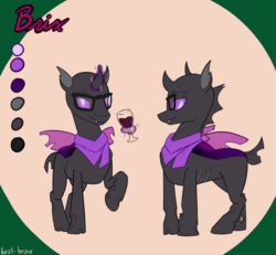 Size: 506x468 | Tagged: safe, artist:ball-braix, oc, oc only, oc:brix, changeling, alcohol, changeling oc, clothes, glass, glasses, purple changeling, reference sheet, scarf, solo, wine, wine glass
