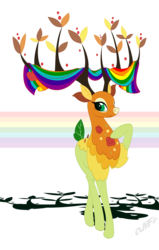 Size: 955x1500 | Tagged: safe, artist:miniferu, the great seedling, dryad, elk, g4, going to seed, branches for antlers, gay, gay pride flag, headcanon, hoof on chest, lgbt, lgbt headcanon, male, pride, pride flag, pride month, sexuality headcanon, simple background, transparent background