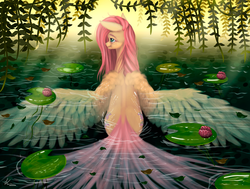 Size: 3417x2580 | Tagged: safe, artist:vinicius040598, fluttershy, pegasus, pony, g4, female, high res, large wings, lilypad, mare, solo, spread wings, water, wing fluff, wings