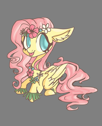 Size: 2428x3000 | Tagged: safe, artist:citrus-flamingo, fluttershy, pegasus, pony, g4, :p, colored pupils, cute, ear fluff, female, floral head wreath, floral necklace, flower, gray background, high res, mare, prone, shyabetes, simple background, solo, tongue out