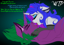 Size: 1920x1365 | Tagged: safe, artist:dimidiummorsumbra, rarity, spike, g4, clothes, dialogue, ear fluff, eyes closed, female, kissing, lingerie, male, ponified, ponified spike, ship:sparity, shipping, species swap, straight, stupid sexy spike, the greatest showman, tongue out, wip