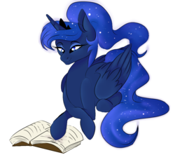 Size: 797x703 | Tagged: safe, artist:citrus-flamingo, princess luna, alicorn, pony, g4, alternate hairstyle, bare hooves, beautiful, book, comfortable, crossed hooves, crown, cute, ethereal mane, ethereal tail, eyeshadow, female, flowing mane, flowing tail, folded wings, jewelry, lunabetes, makeup, mare, ponytail, prone, reading, regalia, simple background, smiling, solo, starry mane, transparent background, wings
