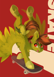 Size: 750x1070 | Tagged: safe, artist:tangomangoes, oc, oc only, oc:olive hue, pegasus, pony, abstract background, backbend, flexible, male, skateboard, solo, tongue out, underhoof