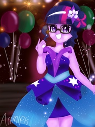 Size: 1800x2401 | Tagged: safe, artist:artmlpk, sci-twi, twilight sparkle, equestria girls, g4, my little pony equestria girls: legend of everfree, alternate hairstyle, balloon, clothes, crystal gala, crystal gala dress, cute, dress, female, flower, flower in hair, photo, smiling, solo, twiabetes