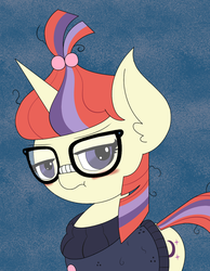 Size: 1000x1290 | Tagged: safe, artist:mrneo, moondancer, pony, unicorn, g4, :t, abstract background, blushing, clothes, cute, dancerbetes, ear fluff, female, glasses, looking at you, mare, solo, sweater