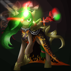 Size: 5800x5800 | Tagged: safe, artist:florarena-kitasatina/dragonborne fox, pony, unicorn, absurd resolution, alternate hairstyle, anna (epic battle fantasy), arrow, changing magic color, clothes, crossover, dress, drill, epic battle fantasy, fire pattern, glowing eyes, glowing horn, head tilt, horn, horseshoes, jewelry, looking at you, necklace, ponified, ribbon, shading, shadow, signature, simple background, solo, the fourth wall cannot save you, watermark