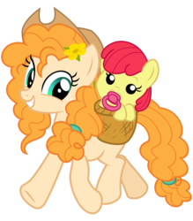 Size: 2800x3200 | Tagged: safe, artist:cheezedoodle96, apple bloom, pear butter, earth pony, pony, g4, going to seed, season 9, .svg available, adorabloom, baby, baby apple bloom, baby pony, basket, bright mac's hat, buttercup, cowboy hat, cute, female, flower, flower in hair, foal, hat, high res, mare, mother and daughter, pearabetes, simple background, smiling, svg, transparent background, vector, walking, younger