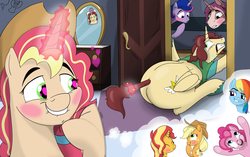 Size: 3993x2501 | Tagged: safe, artist:cactuscowboydan, applejack, pinkie pie, rainbow dash, sunset shimmer, oc, oc:king calm merriment, oc:king speedy hooves, oc:queen galaxia (bigonionbean), oc:queen motherly morning, alicorn, earth pony, pegasus, pony, unicorn, g4, alicorn oc, ass worship, bedroom, bedroom eyes, blushing, butt, canterlot, canterlot castle, clothes, come hither, commissioner:bigonionbean, couples, cowboy hat, dat ass, dummy thicc, embarrassed, faic, female, forced, fusion, fusion:applejack, fusion:big macintosh, fusion:cheese sandwich, fusion:donut joe, fusion:fancypants, fusion:flash sentry, fusion:pinkie pie, fusion:princess cadance, fusion:princess celestia, fusion:princess luna, fusion:rainbow dash, fusion:shining armor, fusion:soarin', fusion:sunset shimmer, fusion:trouble shoes, fusion:twilight sparkle, hang in there, hanging, hat, heart, heart eyes, help me, high res, husband and wife, large butt, lip bite, magic, male, mare, meme, mirror, panicking, picture, plot, scrunchie, smug, smugdash, stallion, tail, tail pull, the ass was fat, this will end in snu snu, thought bubble, wingding eyes