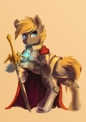 Size: 949x1332 | Tagged: safe, artist:tangomangoes, oc, oc only, earth pony, pony, armor, cape, clothes, solo, sword, weapon