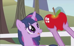 Size: 1142x720 | Tagged: safe, screencap, spike, twilight sparkle, g4, the ticket master, apple, duo, food, solo focus, sweet apple acres, tongue out