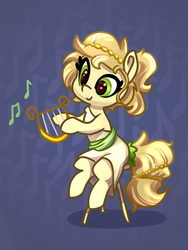 Size: 3000x4000 | Tagged: safe, artist:lilfunkman, oc, oc only, oc:greek chorus, earth pony, pony, clothes, female, lyre, mare, music notes, musical instrument, sitting, solo, stool