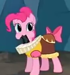 Size: 344x366 | Tagged: safe, screencap, chancellor puddinghead, pinkie pie, pony, g4, hearth's warming eve (episode), cropped, cute, diapinkes, female, hearth's warming eve, mare, mouth hold, puffy cheeks, rock, solo