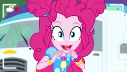 Size: 1336x752 | Tagged: safe, screencap, pinkie pie, equestria girls, equestria girls series, five lines you need to stand in, g4, spoiler:eqg series (season 2), cute, diapinkes, excited, female, fleetwood pace arrow, geode of sugar bombs, happy, looking at you, magical geodes, open mouth, ponk, recording, rv, selfie drone, smiling, solo, tongue out, video