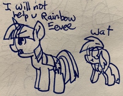 Size: 2964x2325 | Tagged: safe, artist:rainbow eevee, twilight sparkle, oc, oc:rainbow eevee, pony, g4, crying, depressed, duo, female, high res, lineart, not helping, pen drawing, sad, traditional art, wat