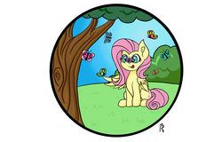 Size: 1280x820 | Tagged: safe, artist:dawn-designs-art, fluttershy, butterfly, pegasus, pony, g4, circle, cute, female, sitting, solo