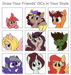 Size: 1131x1200 | Tagged: safe, artist:taurson, oc, oc only, oc:blazing beams, oc:cee biscuit, oc:green ganache, oc:hors, oc:mio, oc:slumber tea, oc:soft melody, oc:taffeta, pony, beanbrows, cute, eyebrows, goggles on head, mlem, silly, tongue out