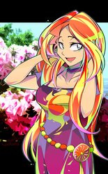 Size: 1200x1934 | Tagged: safe, artist:tyuubatu, sunset shimmer, human, equestria girls, g4, my little pony equestria girls: better together, breasts, busty sunset shimmer, clothes, cutie mark on clothes, dress, female, geode of empathy, magical geodes, open mouth, solo