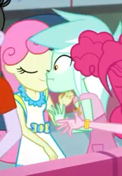 Size: 469x672 | Tagged: safe, screencap, bon bon, lyra heartstrings, pinkie pie, ringo, sweetie drops, equestria girls, five lines you need to stand in, g4, my little pony equestria girls: better together, cropped, eyes closed, female, offscreen character, oh no