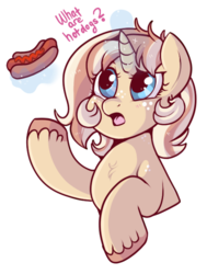 Size: 491x650 | Tagged: safe, artist:lulubell, oc, oc only, oc:lulubell, pony, unicorn, bust, female, food, hot dog, hotdog bun, ketchup, levitation, looking at something, magic, mane, mare, meat, mouth, open mouth, question, question mark, sauce, sausage, solo, talking, telekinesis, text