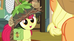 Size: 1920x1080 | Tagged: safe, screencap, apple bloom, applejack, earth pony, pony, g4, going to seed, adorabloom, cute, helmet, net, saddle bag, solo focus
