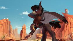 Size: 1920x1080 | Tagged: safe, artist:discordthege, oc, oc only, griffon, appleloosa, canyon, commission, complex background, desert, griffon oc, scenery, solo, wings