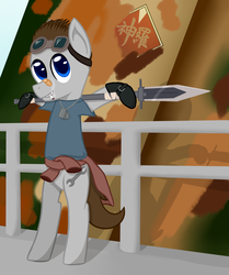 Size: 1280x1530 | Tagged: safe, artist:phoenixswift, oc, oc:fuselight, pegasus, pony, ask fuselight, bipedal, cid highwind, clothes, cosplay, costume, final fantasy, final fantasy vii, leaning, male, solo, stallion, sword, weapon