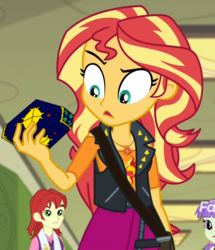 Size: 860x1000 | Tagged: safe, edit, edited screencap, screencap, nolan north, starlight, sunset shimmer, equestria girls, equestria girls series, forgotten friendship, g4, background human, cropped, discovery family logo, jackie chan adventures, meme, pan'ku box, sunset holding things