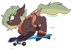 Size: 711x499 | Tagged: safe, artist:redxbacon, oc, oc only, oc:terracotta, hippogriff, chest feathers, freckles, grabby boi, skateboard, solo, talons, tongue out