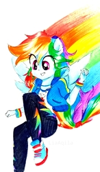 Size: 2322x3988 | Tagged: safe, artist:liaaqila, rainbow dash, equestria girls, g4, my little pony equestria girls: better together, run to break free, clothes, converse, female, high res, jacket, pants, rainbow, shirt, shoes, sneakers, solo, traditional art, wristband