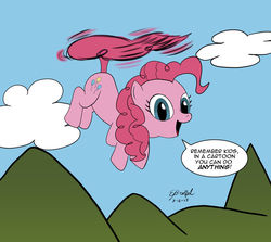 Size: 900x803 | Tagged: safe, artist:cartoon-eric, pinkie pie, earth pony, pony, g4, cloud, female, flying, mare, mountain, mountain range, pinkie being pinkie, pinkie physics, pinkiecopter, sky, tailcopter, talking to viewer